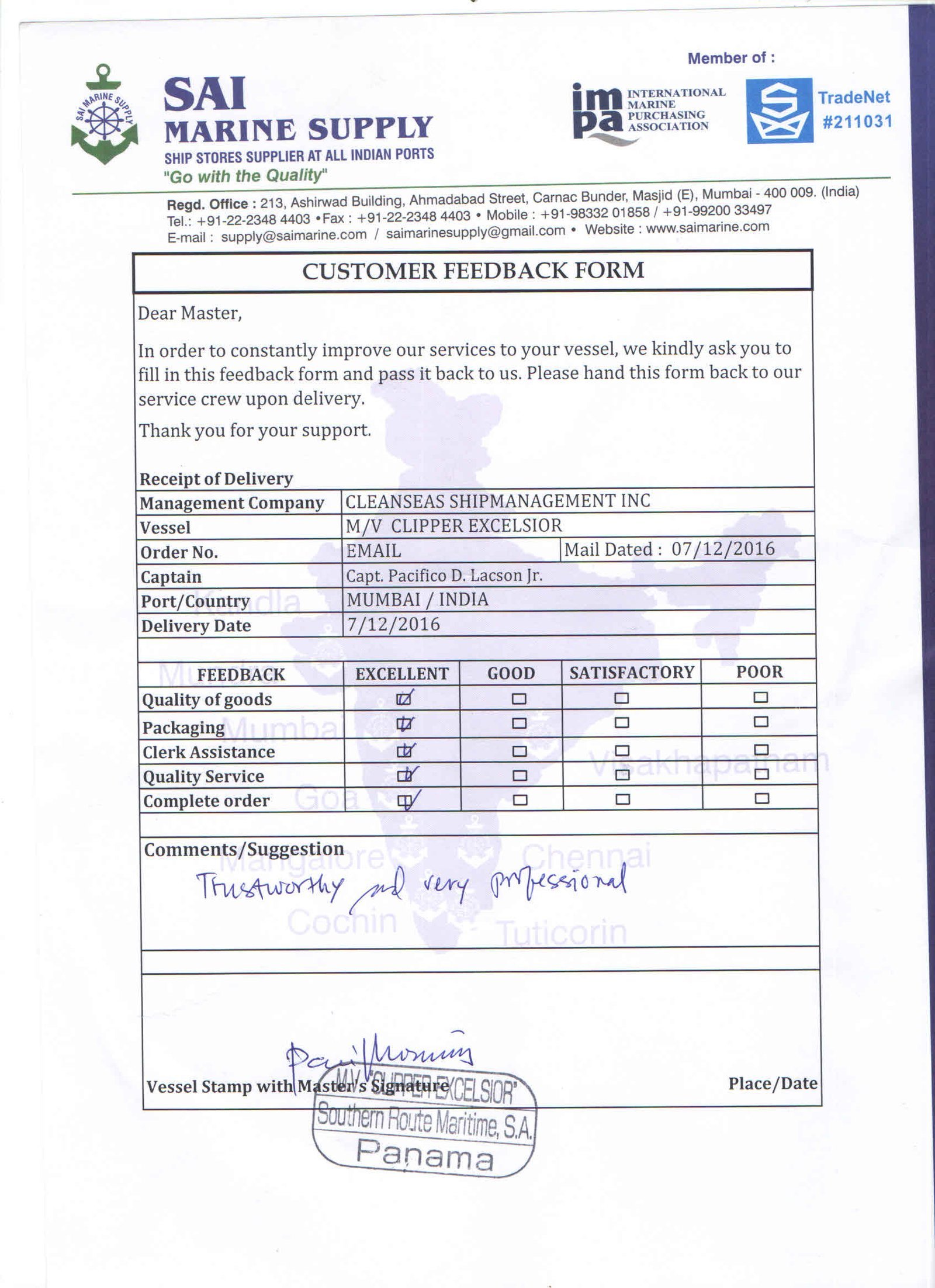 Customer feedback form from Cleanseas Shipmanagement Inc.
